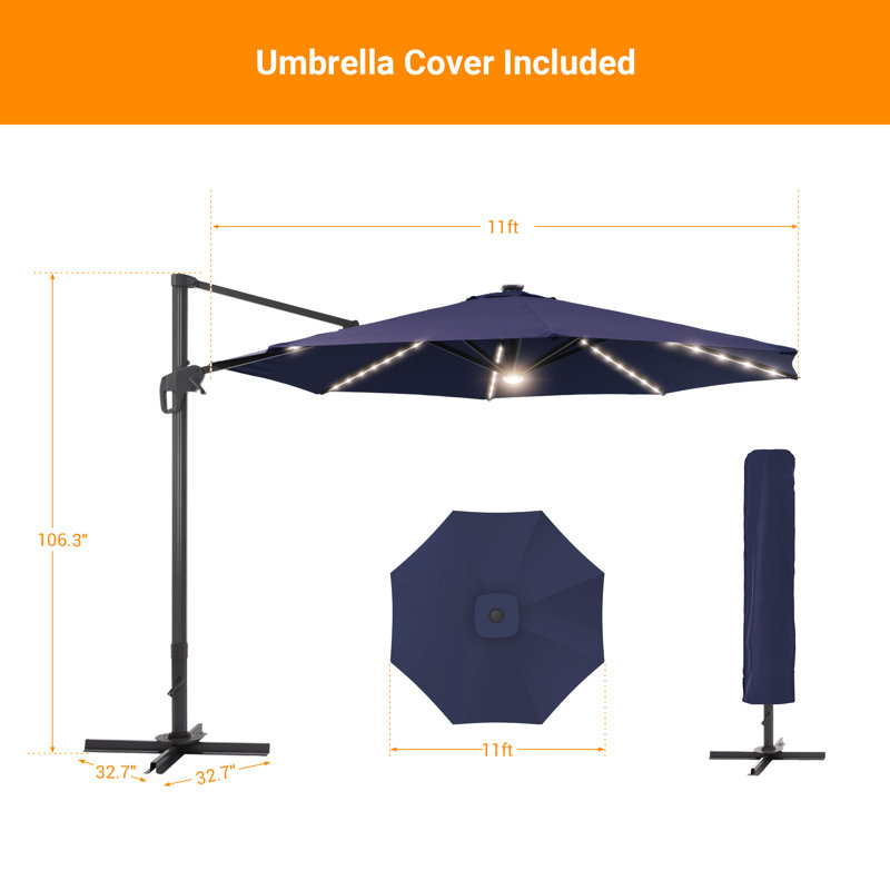 Parasol en porte-à-faux éclairé de 132 po Olufisayo, Bleu marine