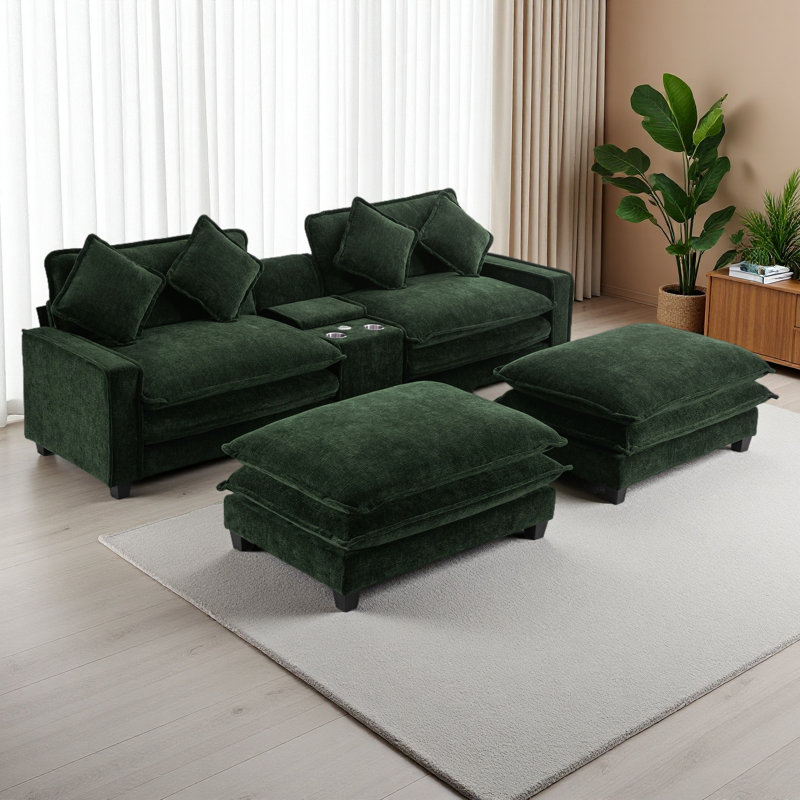 Canapé modulaire en chenille de 111 po avec deux repose-pieds amovibles, deux ports USB, deux porte-gobelets et une grande boîte de rangement pour le salon