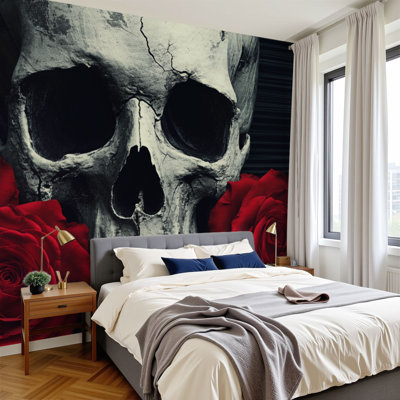 Peel and Stick Wallpaper 96" W x 69" H Modern Self Adhesive Wall Mural for Bedroom Macabre Skull Red Roses Dark Gothic Black Romantic Vintage Flowers