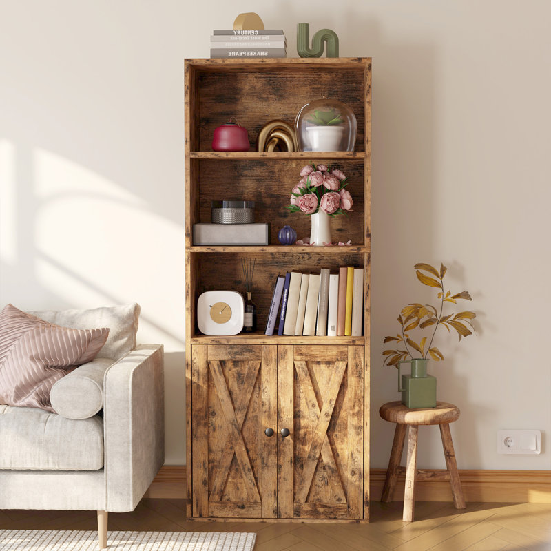 Camaria 59.4" H x 23.6" W 5-Tier 2-Door Finished Back Manufactured Wood Bookcase with Barn Doors, Brown