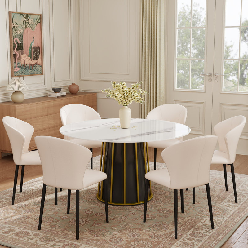 Ensemble de table de salle à manger 7 pièces avec 6 chaises en cuir PU, H 29,53 po x l 53,14 po x P 53,14 po, Blanc
