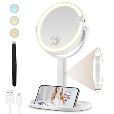Miroir grossissant double face 1 / 20X avec lumière, 3 lumières rechargeables et miroir de coiffeuse à luminosité réglable, blanc