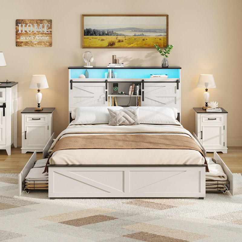 Farmhouse Bed Frame With 4 Drawers And Bookcase Headboard, Full / Double