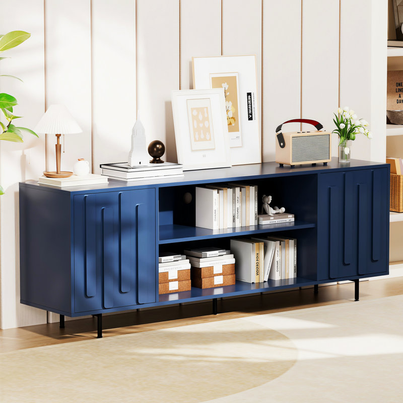 59" Wide TV Stand for TVs up to 65" – Adjustable Shelves, Elegant Raised Wood Trim Handles, Mid-Century Modern Entertainment Console for Living Room, 150 lb Capacity
