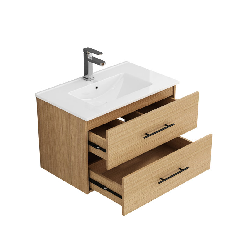 Ensemble de meuble-lavabo mural 30 po avec lavabo, lavabo en céramique, poignée longue en métal