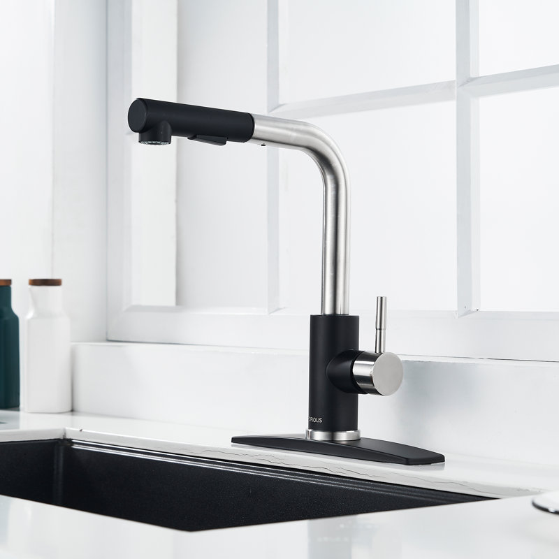 Pull Down Spray Single Lever Kitchen Tap, Black/Brushed