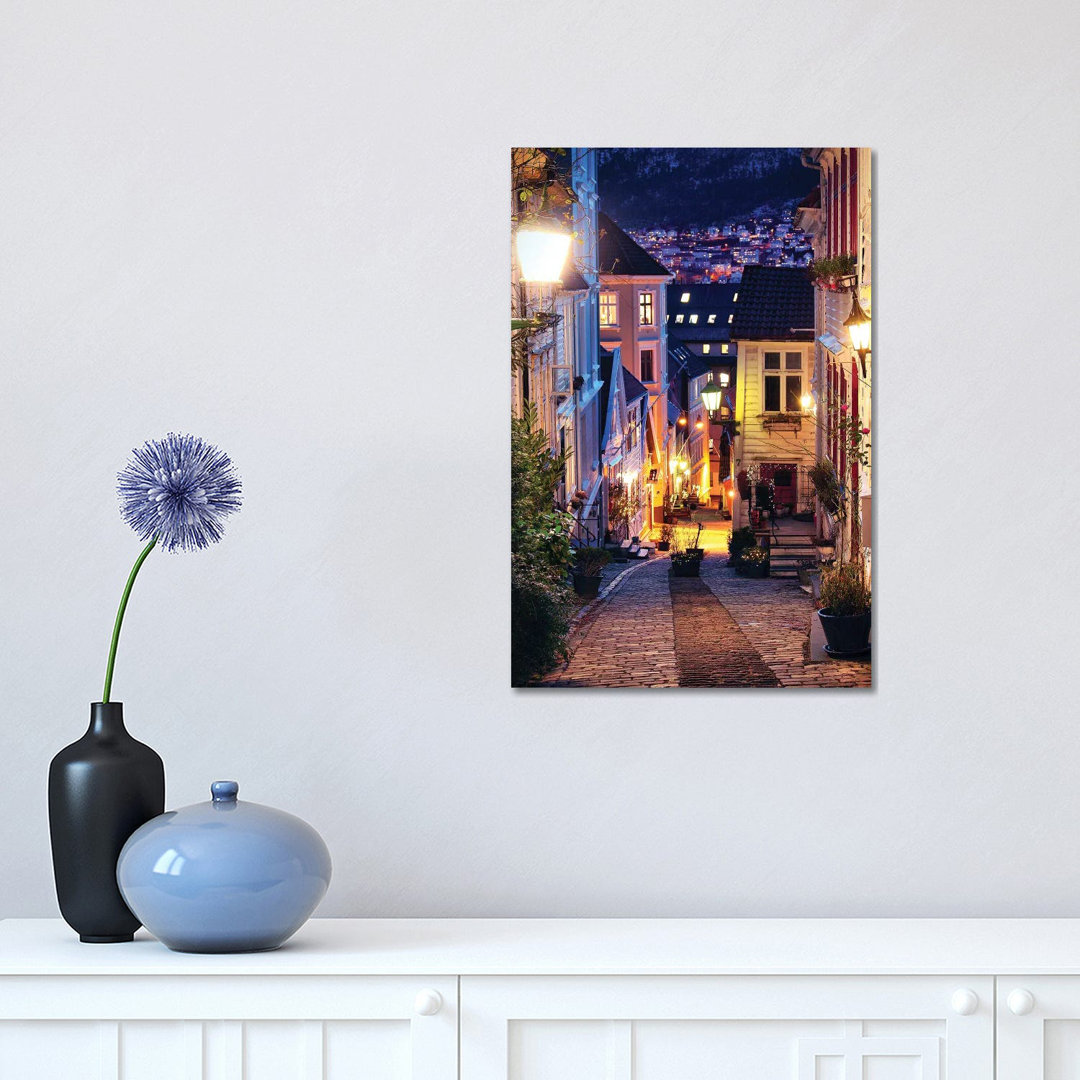 Bergen Cobblestone Street at Night by Florian Olbrechts - Wrapped Canvas Photograph