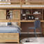 Lit mezzanine simple au-dessus de simple avec bureau intégré et escalier, avec compartiments de rangement et tablettes-1102871315