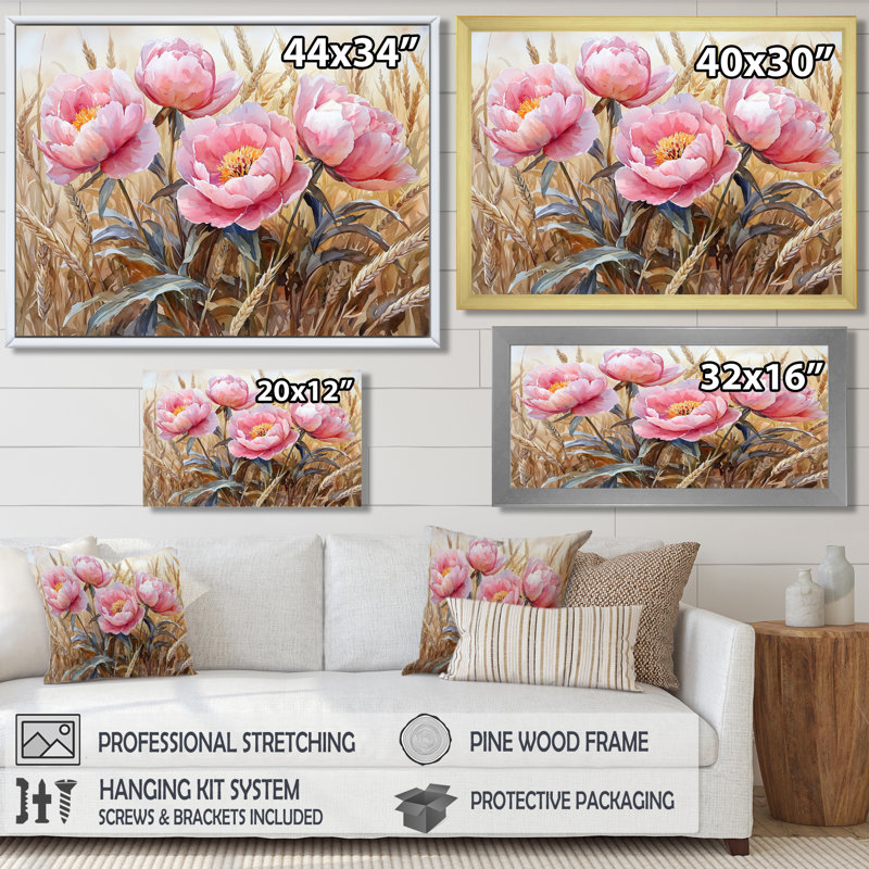 Pivoines dans le champ de blé III - pivoines, art encadré, H 24 po x l 32 po, Doré
