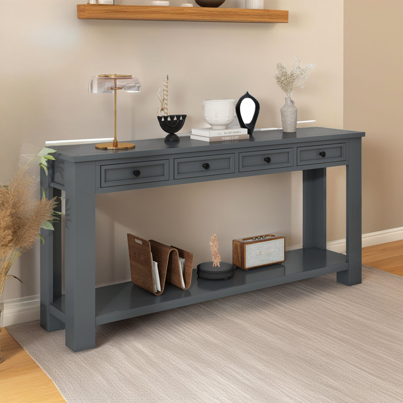 Console 63 po avec 4 tiroirs et tablette ouverte, Brun