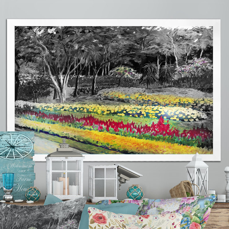 Jardin vert en noir et blanc - reproduction sur toile, H 16 po x l 32 po x P 1 po, Cadre photo blanc