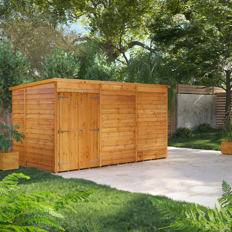 Powersheds 14 x 4ft Timber Overlap Windowless Pent Garden Shed, Double Doors