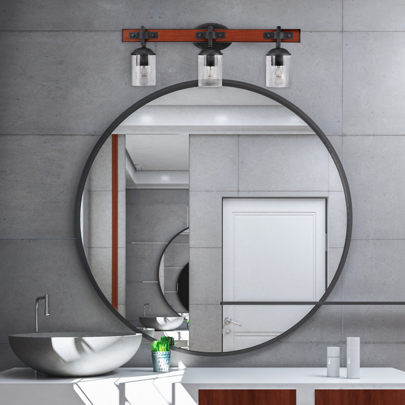 Éclairage pour salle de bain 3 lumières Kingston, simili bois foncé, détails en métal galvanisé, abat-jour en verre bullé transparent
