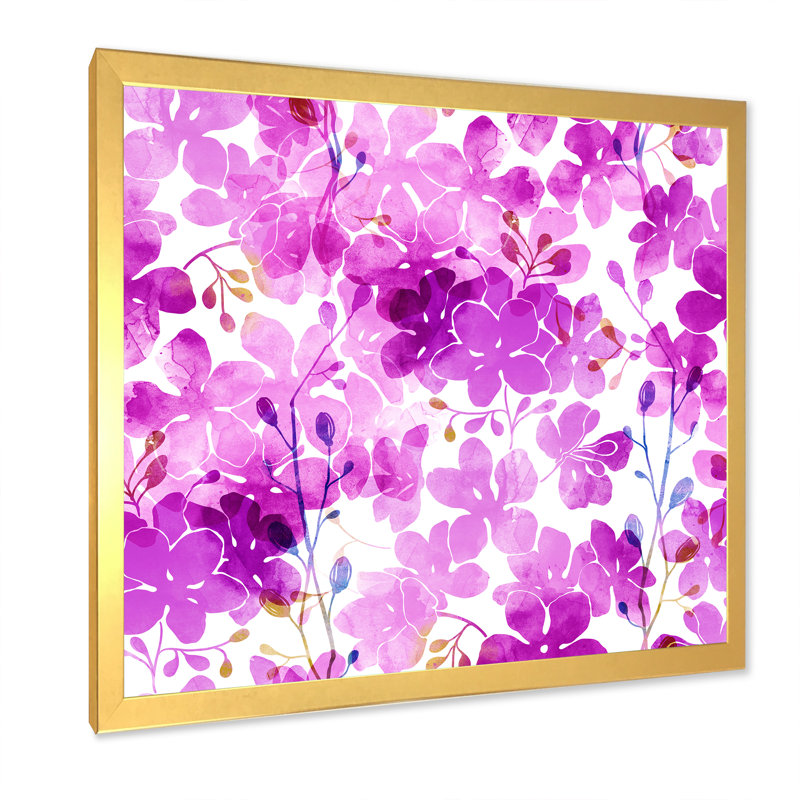 Lilas fuchsia et branches - peinture sur toile, H 36 po x l 36 po, Cadre doré