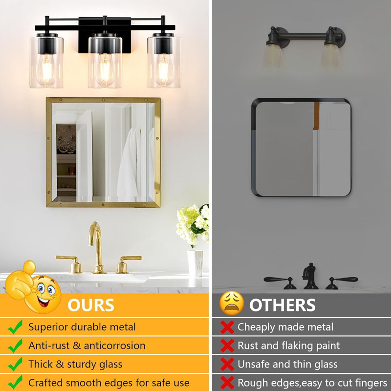 Luminaire de salle de bain moderne à 3 lumières avec abat-jour en verre transparent, lampe murale réversible noire pour miroir, salon, chambre à coucher, couloir