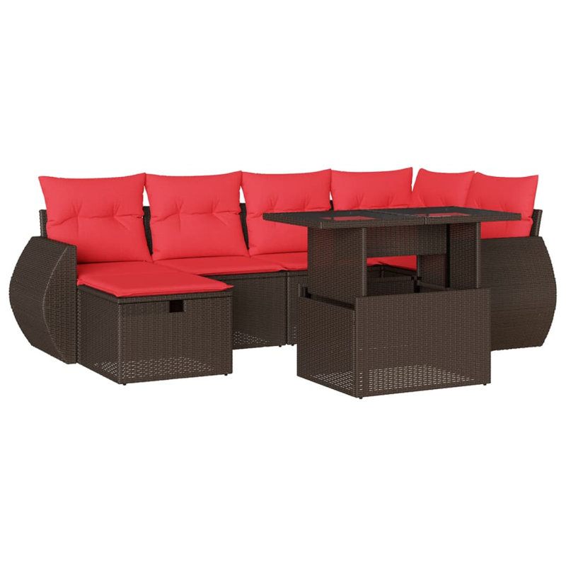  Ensemble de canapé de patio 7 pièces avec coussins en rotin de polyester, Rouge, Brun