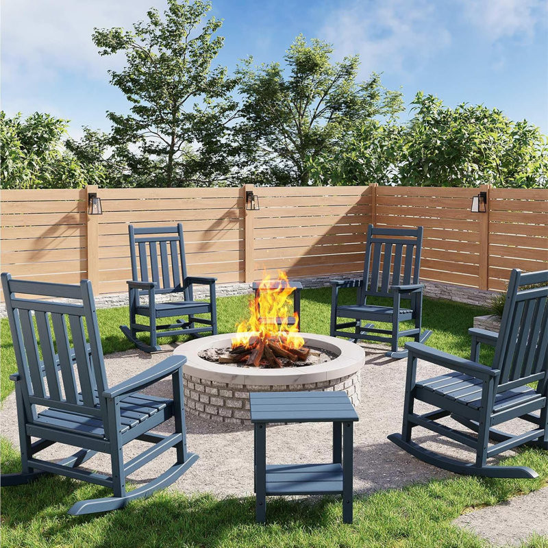 HDPE Rocking Chair Outdoor, Poly High Back Porch Rocker Chairs, All Weather Resistant Furniture with Table, Blue