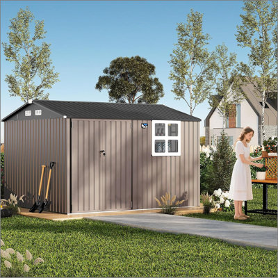 10x8FT Outdoor Steel Storage Shed with Clear Window, Lockable Doors, Weather-Resistant Metal Tool Shed for Garden, Backyard, Patio, and Utility Storage,Brown