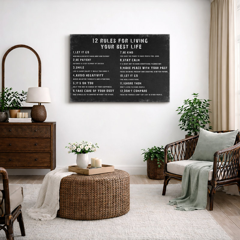12 Rules For Living Your Best Life Inspirational Guide Framed On Canvas Print, 12" H x 18" W, Wrapped Canvas