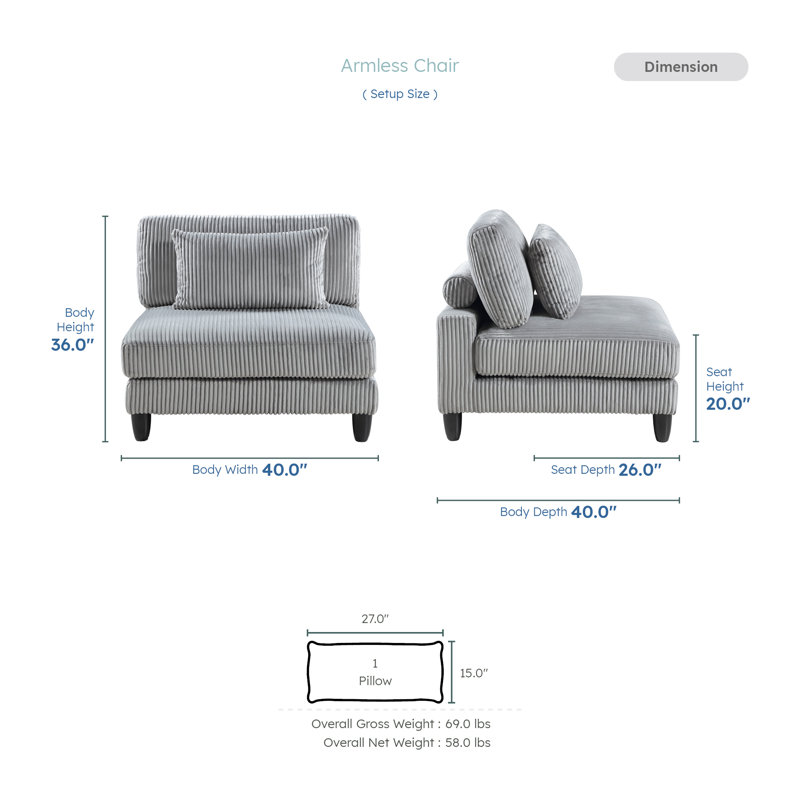 Loowit Katara 40.0"W Modern Corduroy Modular Armless Chair – Upholstered Lounge Chair with Reversible Cushions & Matching Pillow