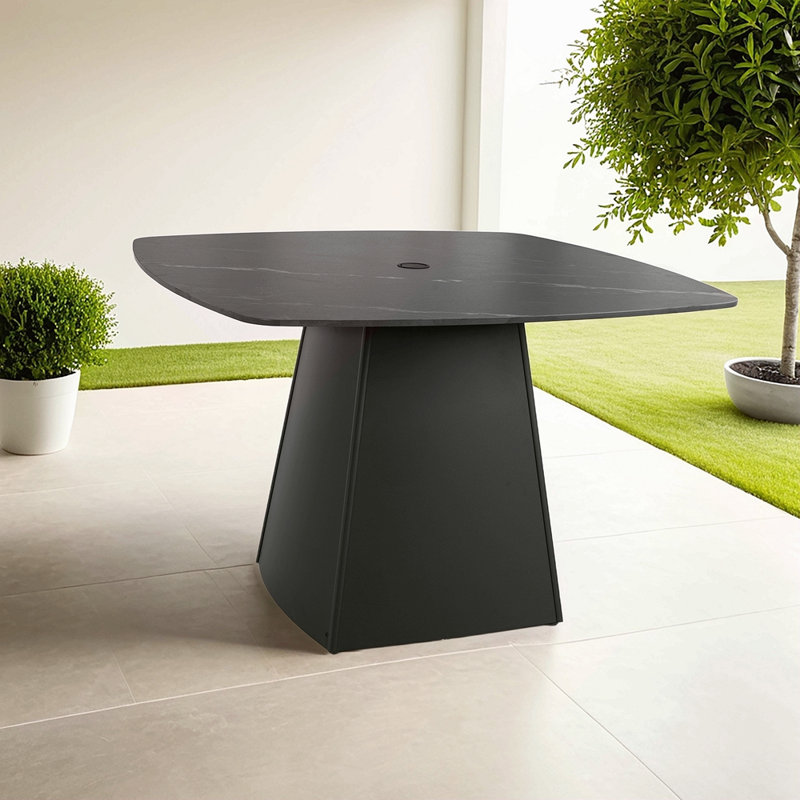 Modern 44" Rounded Square Outdoor Pedestal Dining Table, Sintered Stone Top, Flared Pyramid Aluminum Pedestal Base, Weather-Resistant, Rust-Free, For Patio, Deck, Poolside, Balcony – Seats 4