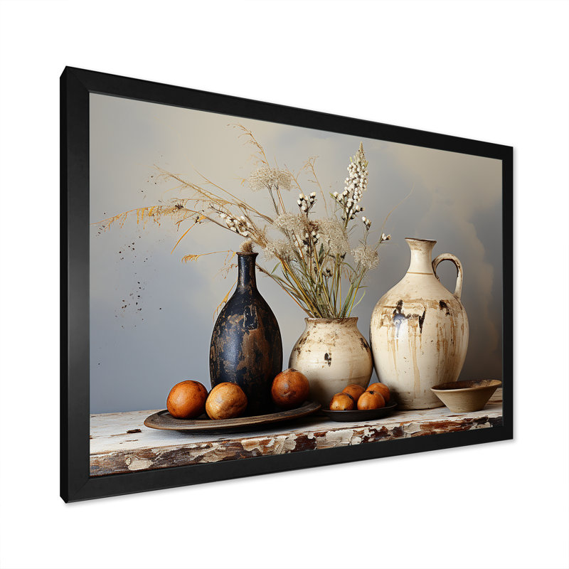 Art floral blanc rétro sur poterie, Cadre d'angle fermé noir, H 24 po x l 32 po x P 1 po