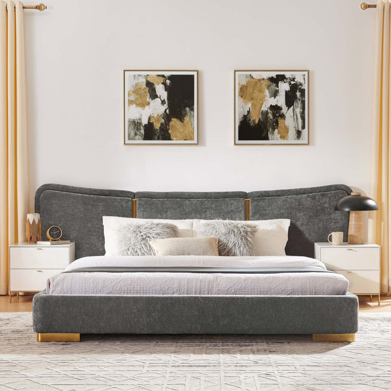 Lit plateforme moderne avec tête de lit courbée et support en métal, Dark Grey