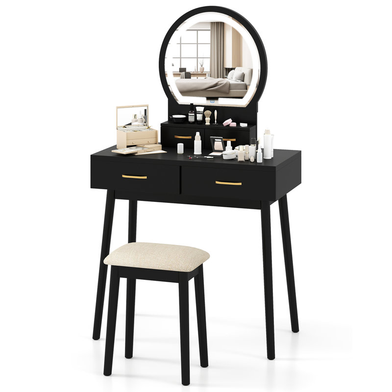Petit bureau de coiffeuse avec tabouret rembourré avec miroir et lumières 3 couleurs d'éclairage réglables , Noir