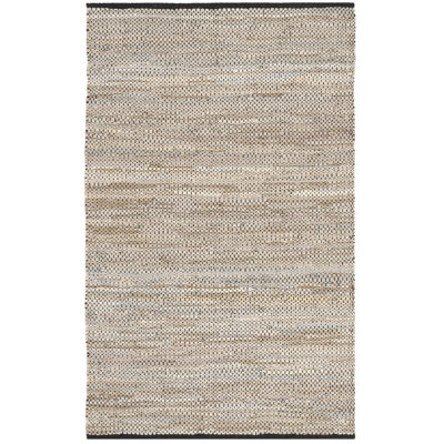 Exley Vintage Leather Hand Woven Leather/Cotton Solid Color Rug in Beige