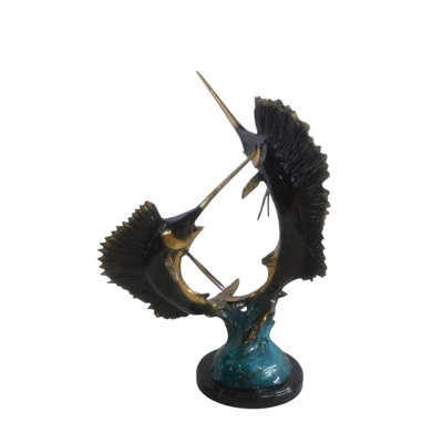 Bronze Dual Sailfish Sculpture on Wave Base and Marble 11"x10"x20"H