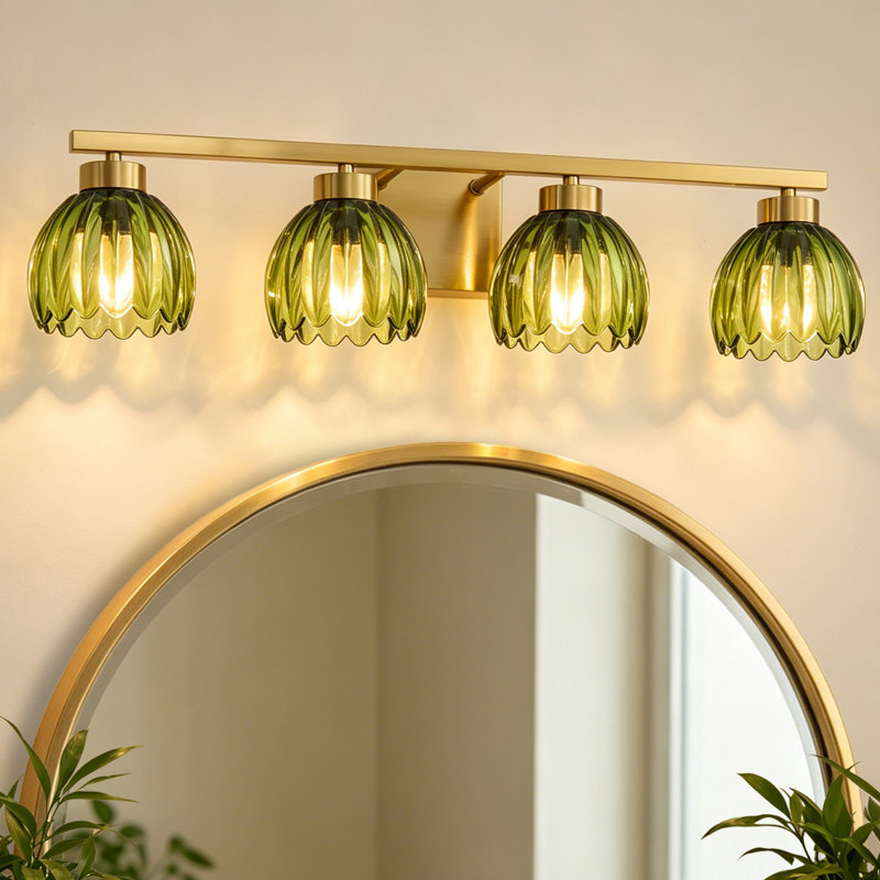 4-light Dimmable Vanity Light With Green Vintage Floral Tulip Glass Shade, Green, 4 Lights