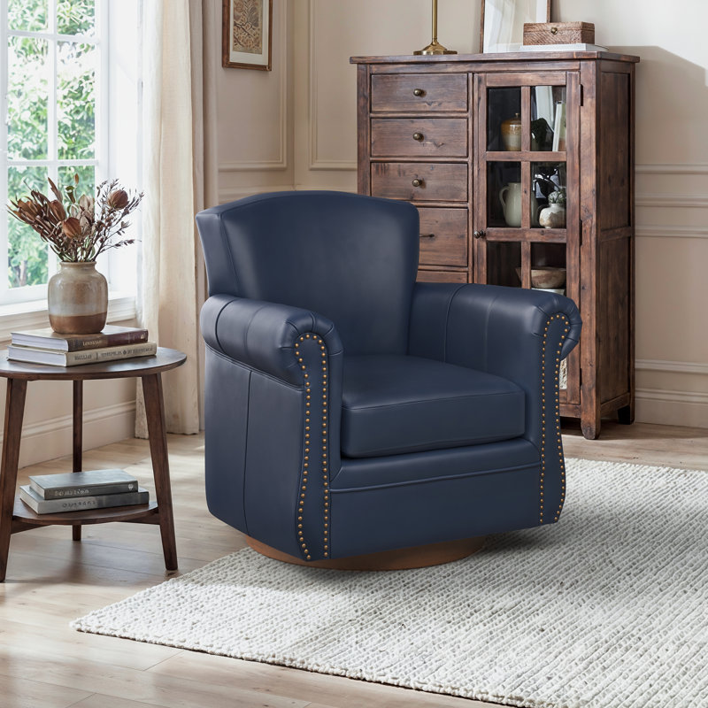 Fauteuil à oreilles pivotant en cuir véritable avec base en bois massif Opal, Marine