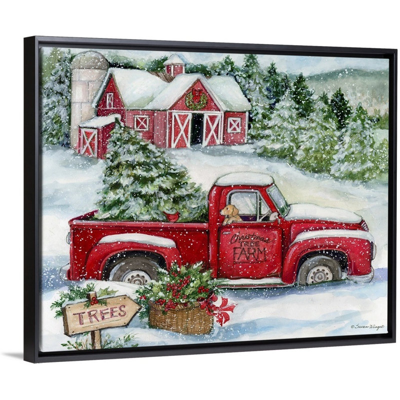 «Christmas Tree Farm» par Susan Winget - peinture sur toile tendue, H 17,25 po x l 21,25 po, Cadre noir