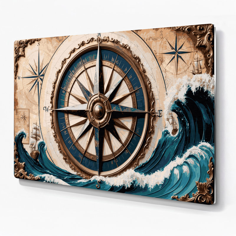 Art mural en métal beige bord de mer Coastal Grand Compass, H 96 po x l 120 po x P 0,05 po