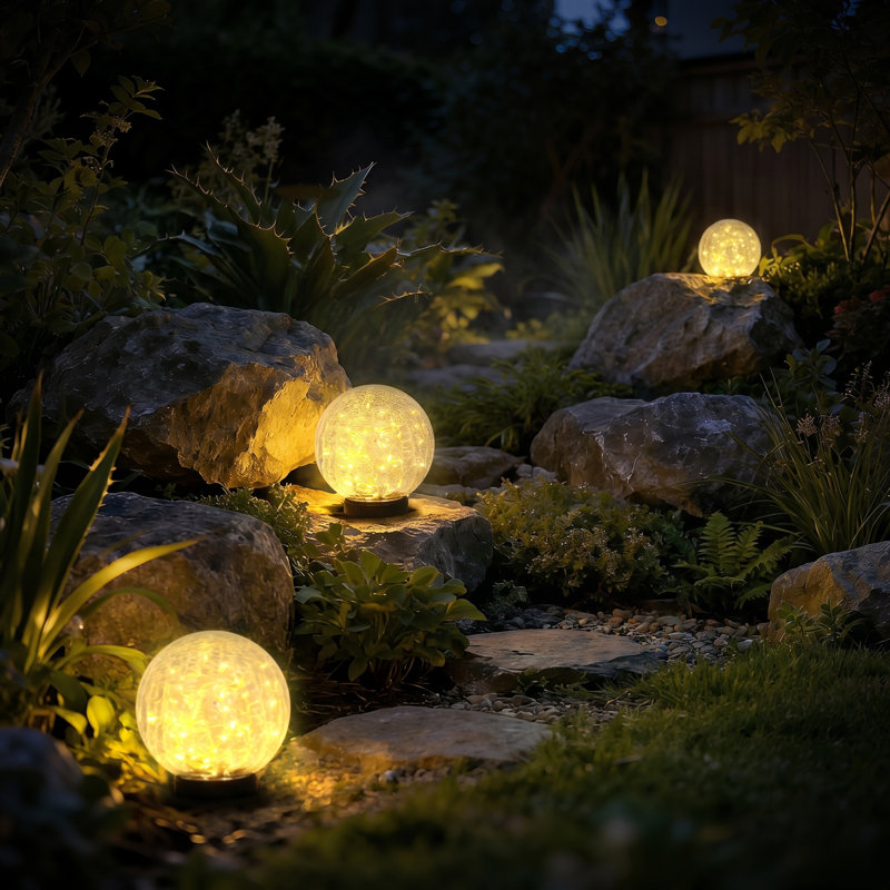 Solar Globe Lights Outdoor, 5.91" Cracked Glass Globe Lights, Solar Powered 50LED Warm White Garden Lights (Set of 2)