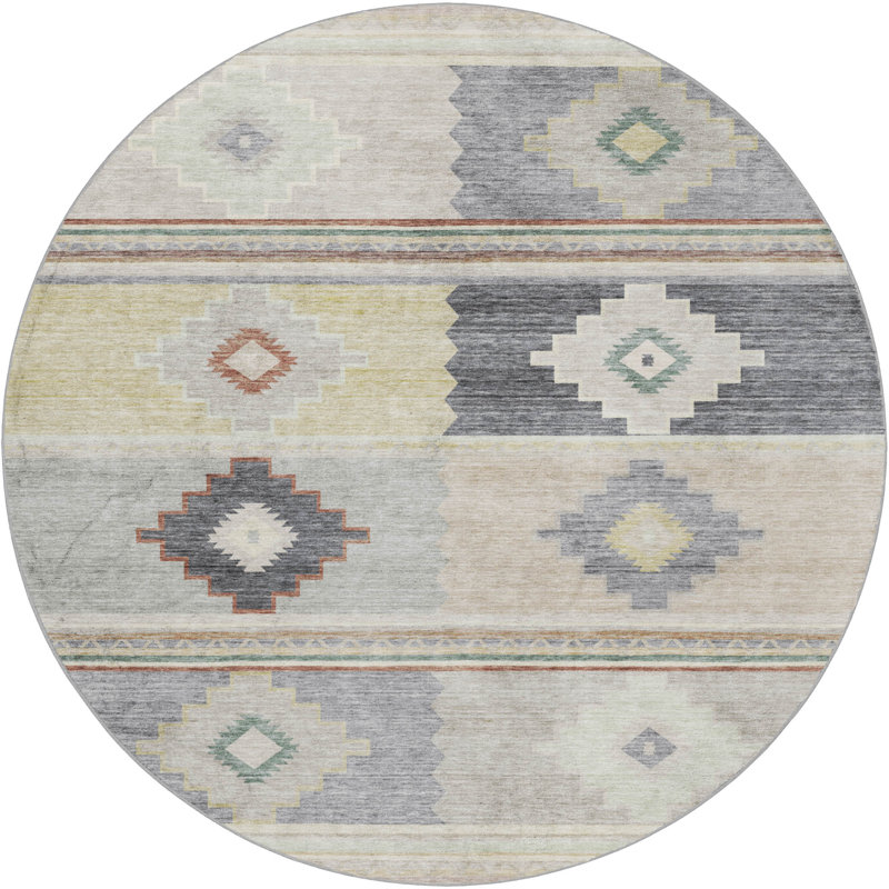 Tapis aztèque ADS176 de qualité supérieure lavable à la machine Dream Shag, Gris, Rond 8 pi