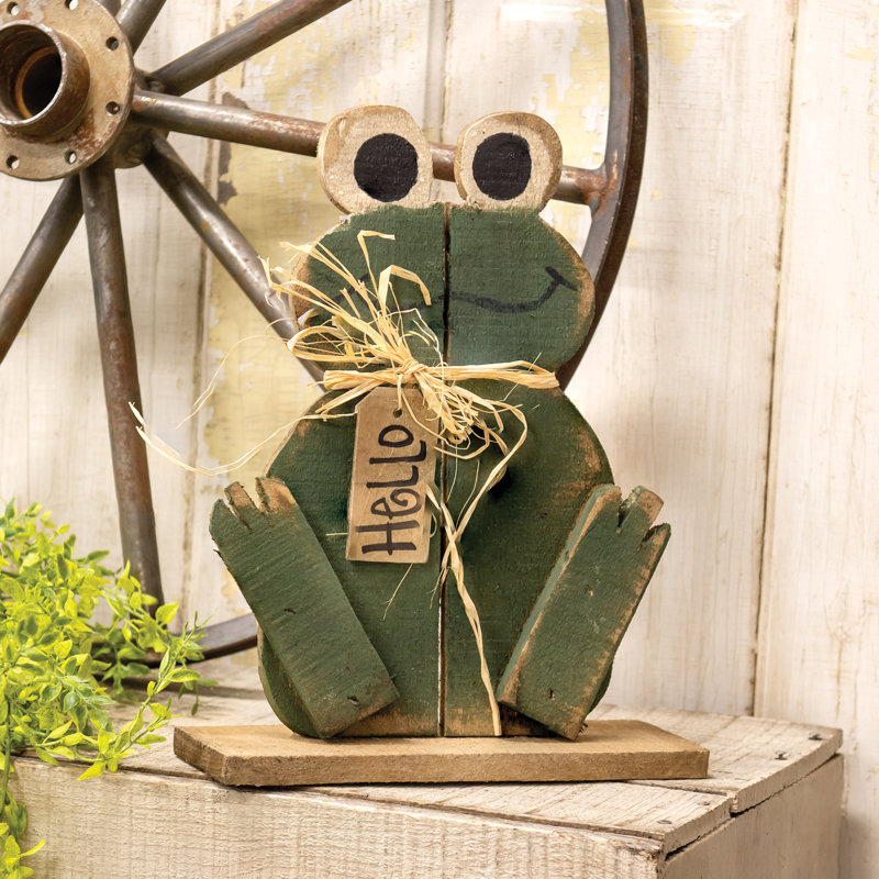 Grenouille en bois rustique assise "Hello"