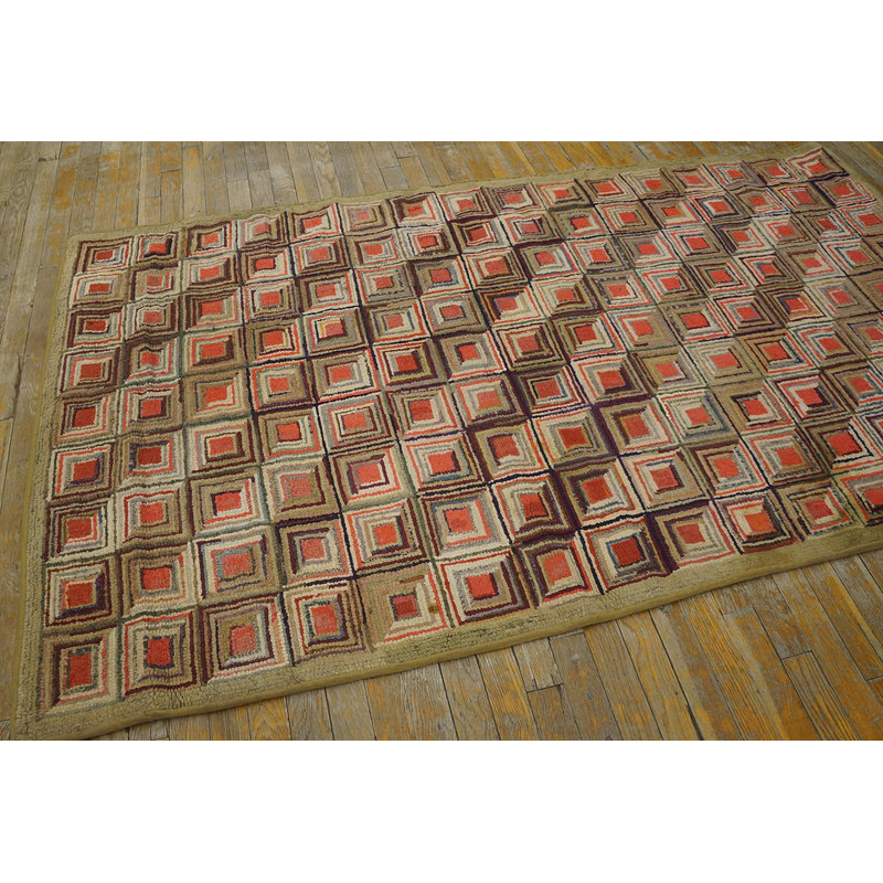 Antique American Folk Art Geometric Log Cabin Squares Design Hooked Rug