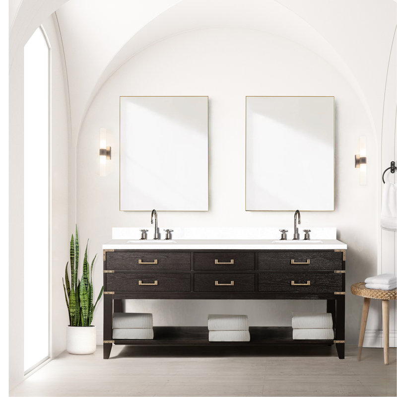 Chêne brun 72 po Meuble-lavabo double X 22 avec plateau en marbre de culture - construction en bois massif, fermeture en douceur, 4 tiroirs et armoire ouverte pour les options de rangement