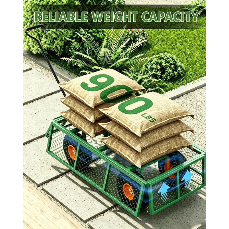 Chariot de jardin 3 en 1 robuste en acier, à tirer, avec panneaux latéraux amovibles, roues de 10/13 pouces et capacités de charge multiples pour le transport de terre, d'outils et de plantes.