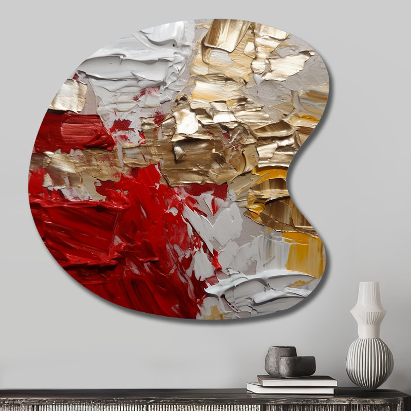 Cardinal Sin Retro Delight Abstract Red & Gold - Abstrait en forme de goutte, art mural en métal asymétrique