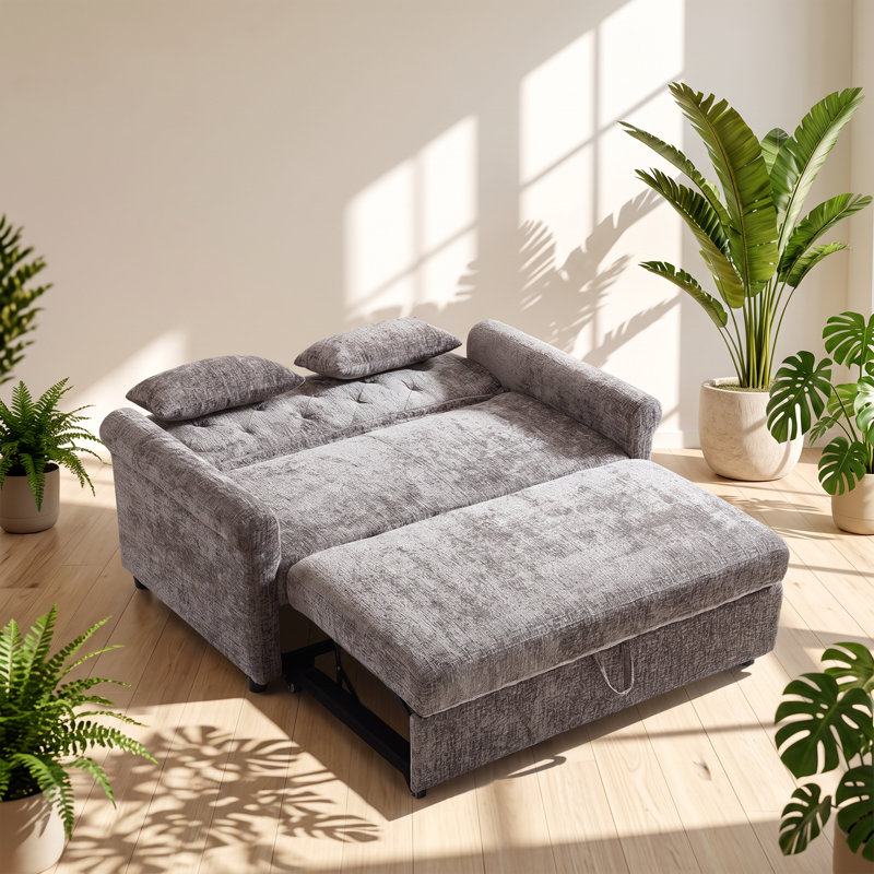 Canapé-lit gigogne deux places en pin, revêtement rembourré, dimensions : 148 cm (L) x 83 cm (P) x 82 cm (H).