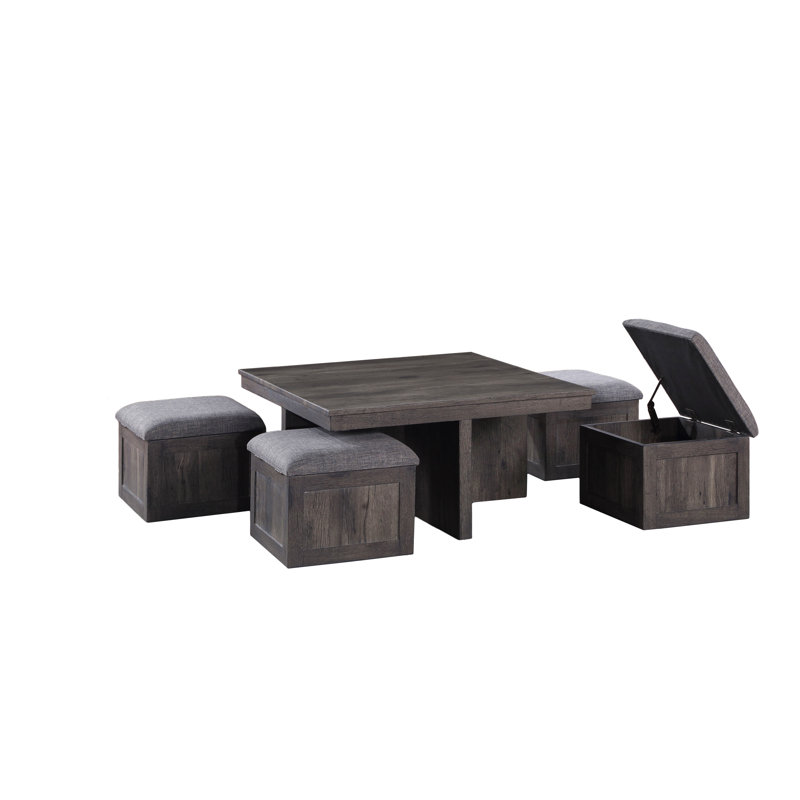 38" Rustic Wood Coffee Table With Storage Stools