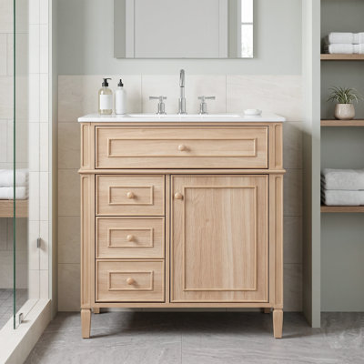 Meuble-lavabo autoportant moderne 30 po en bois clair avec lavabo intégré en céramique, tiroir supérieur inclinable, 2 tiroirs à fermeture en douceur, pieds en bois massif, poignées en bois et tablettes réglables