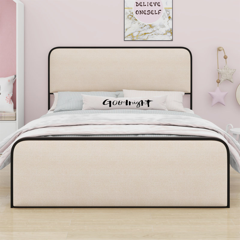 Modern Metal Bed Frame With Curved Upholstered Headboard And Footboard Bed With Under Bed Storage, Queen