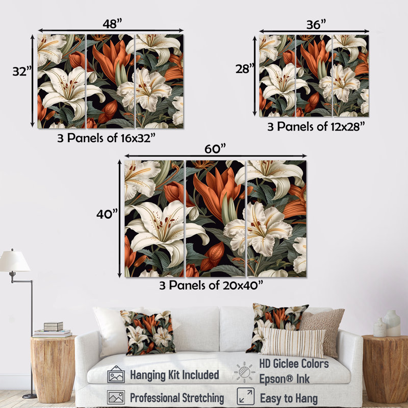 «Soft Colors Lilies Collage», ensemble d'art mural sur toile Lily, Toile tendue, H 32 po x l 48 po x P 1 po