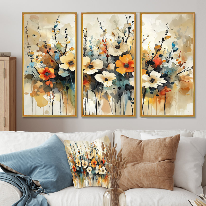 Fleurs sauvages et symphonie abstraite II - art mural fleurs sauvages - ensemble de 3, H 40 po x l 60 po, Doré