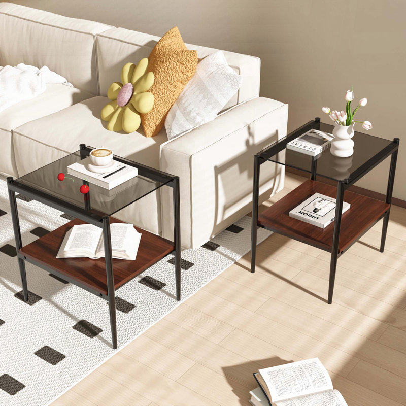 Ensemble de 2 tables de bout rectangulaires - plateau en verre trempé gris avec couche de panneau de fibres à densité moyenne