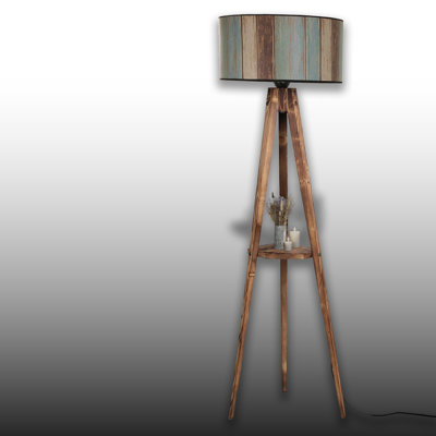 Wooden Body Drum Tripod Floor Lamp With Wooden Shelf