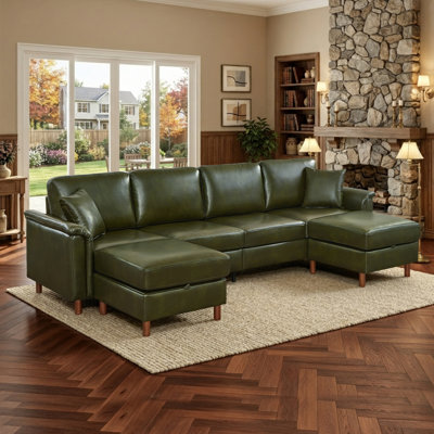 120" Wide Green Faux Leather U-Shaped Sectional Sofa with Dual Storage Ottomans and 2 Pillows